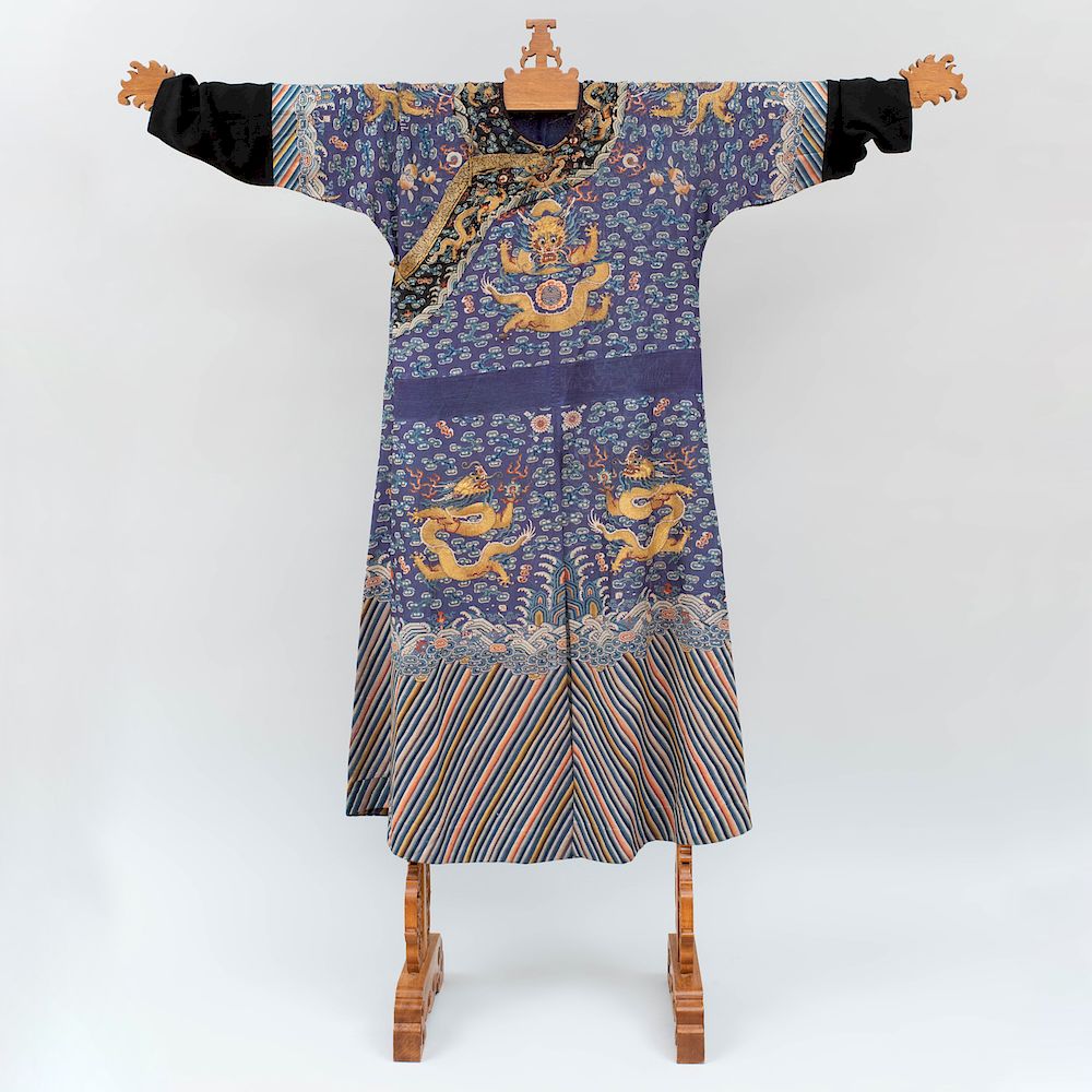 Appraisal: Chinese Blue Silk Gauze Dragon Robe 'Jifu' With dragons amidst