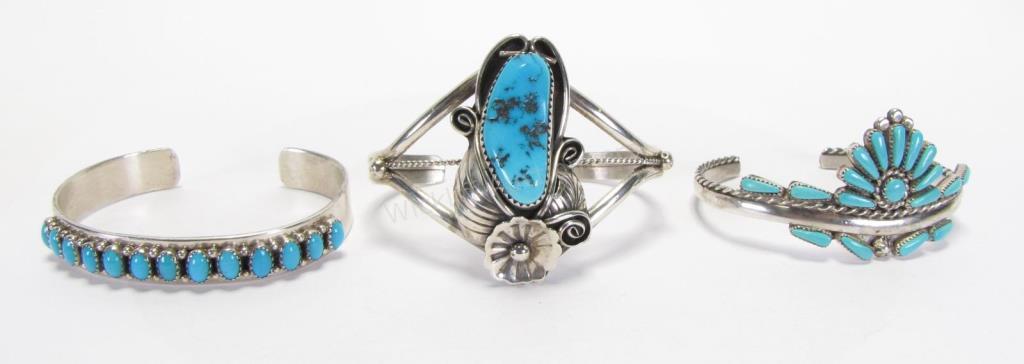 Appraisal: Three sterling silver turquoise cuff bracelets including Evans Waatsa with