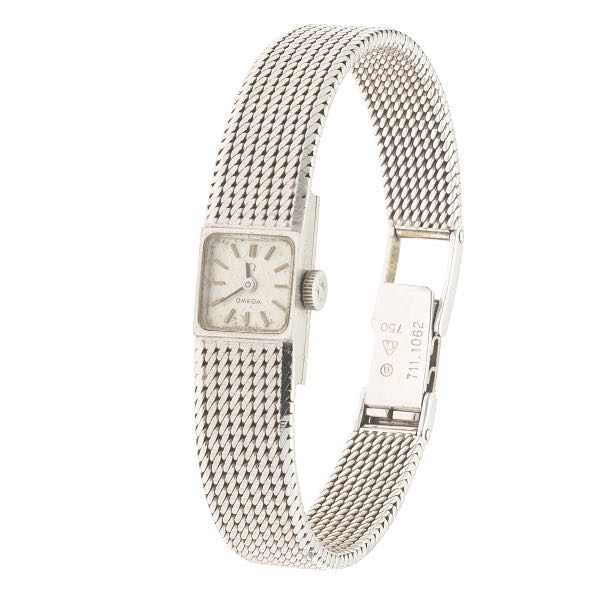 Appraisal: OMEGA LADIES' GOLD WATCH x k white gold square case