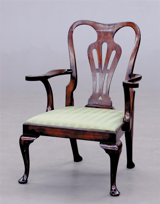 Appraisal: Queen Anne style carved mahogany armchair late th century shaped