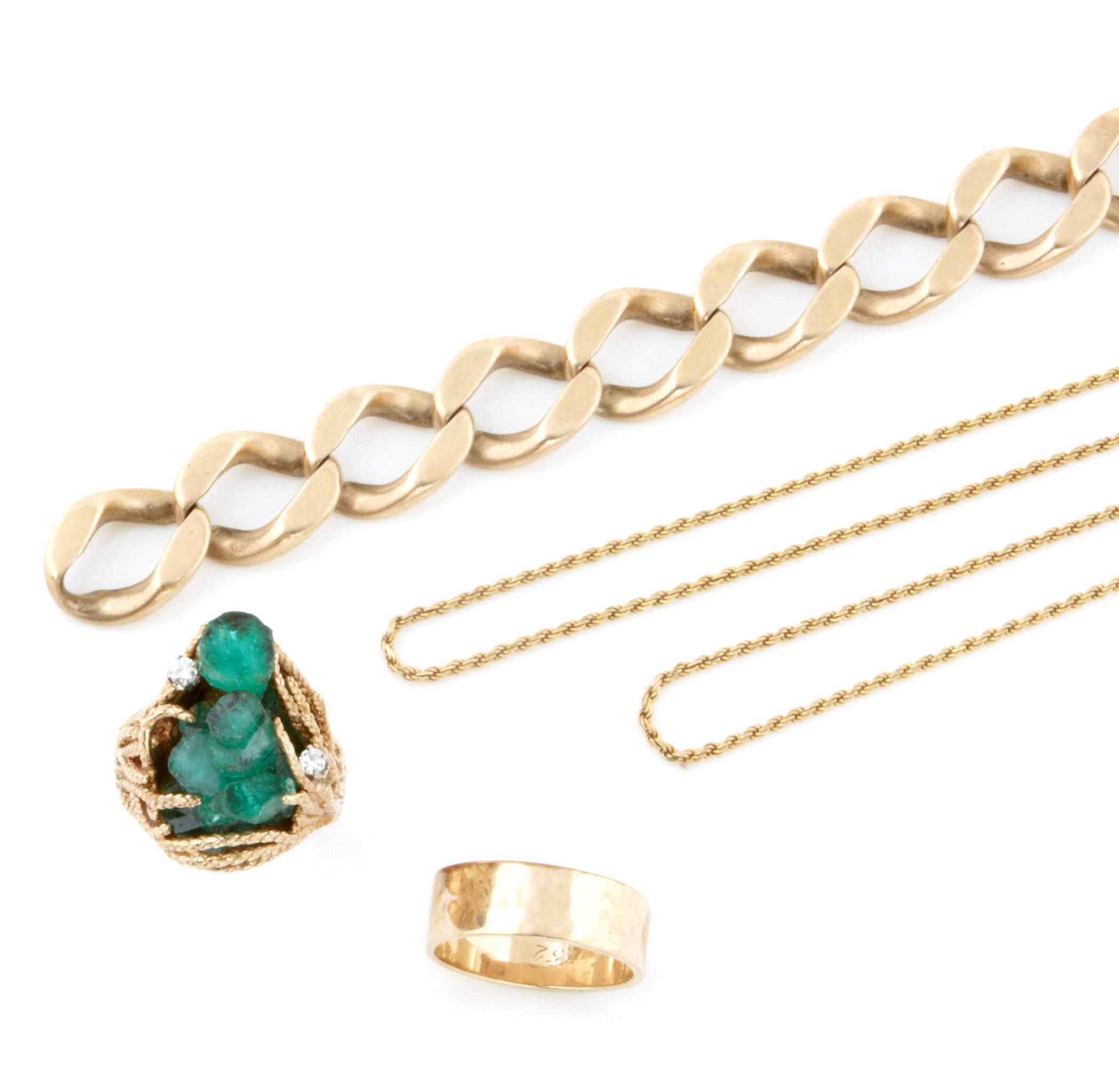 Appraisal: A collection of gold jewelry including one band neckchains bracelets