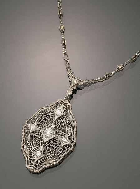 Appraisal: Art Deco -Karat White-Gold Platinum and Diamond Lavalier and Chain