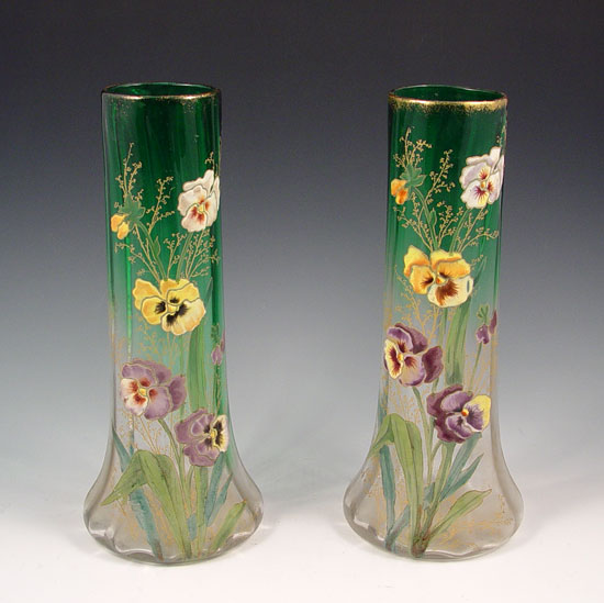 Appraisal: PAIR MONT JOYE QUALITY ENAMELED ART GLASS VASES Pansy decorated