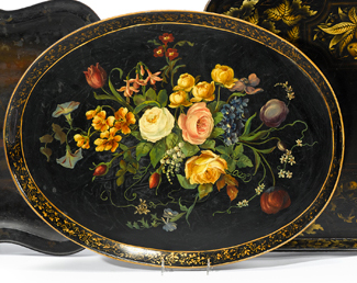 Appraisal: Oval twin handle painted tray With floral design enclosed by