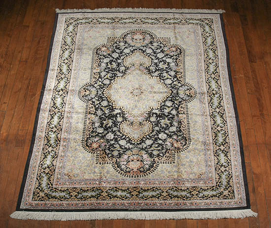 Appraisal: Qum Silk Rug Post Signed Blue ground with palmette and