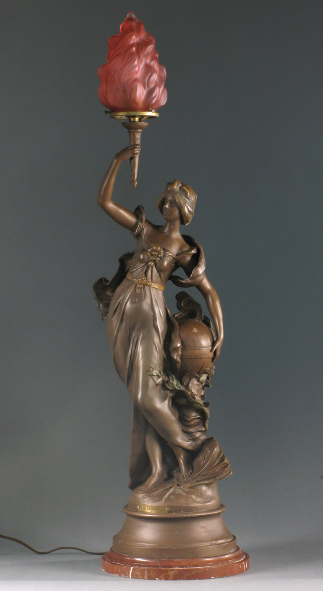 Appraisal: FRENCH SPELTER FIGURAL TABLE LAMP Young barefoot woman holds globe