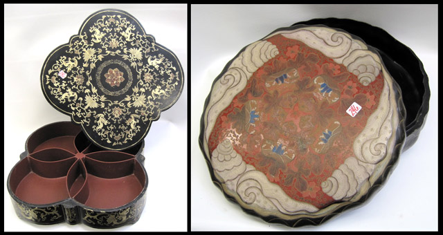 Appraisal: TWO CHINESE SHAPED LACQUER BOXES with painted decorations one with