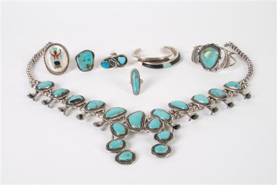 Appraisal: A Collection of Sterling and Turquoise Navajo Jewelry Length of