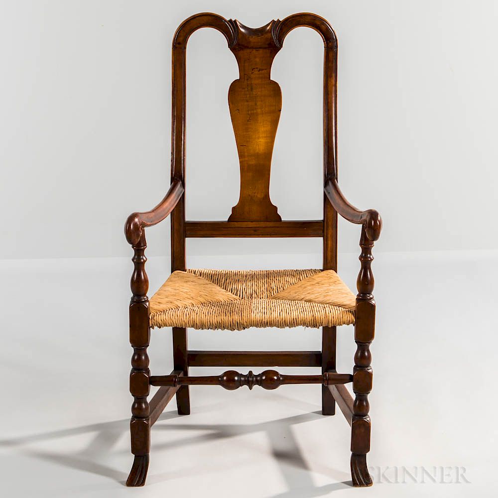 Appraisal: Queen Anne Carved Maple Armchair Queen Anne Carved Maple Armchair