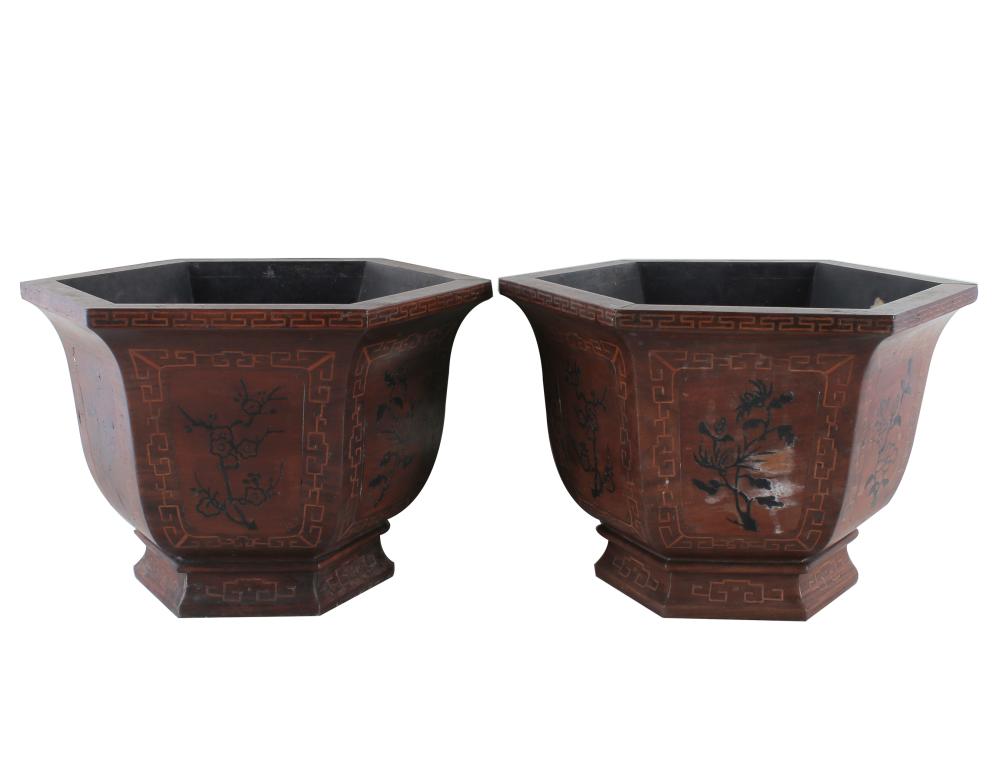 Appraisal: PAIR OF ASIAN WOOD FLOWER POTSunsigned inlaid wood with hexagonal