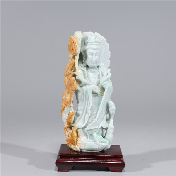 Appraisal: Chinese carved jadeite Guanyin figure with separate wood base overall