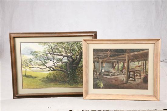 Appraisal: TWO FRAMED WATERCOLORS One interior shed scene artist signed Image