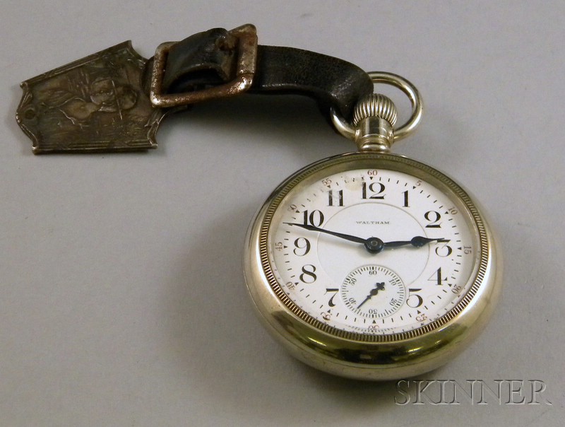 Appraisal: Waltham Railroad Pocket Watch with Sterling Silver and Leather Fob