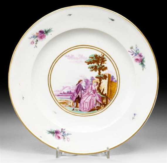 Appraisal: PAIR OF PLATES WITH 'WATTEAU' SCENES Strasbourg Hannong circa -