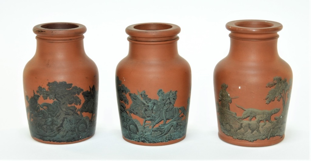 Appraisal: C ENGLISH REDWARE TRANSFER HUNTING SCENE JARS United Kingdom st