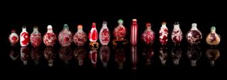 Appraisal: Fifteen Red Overlay Peking Glass Snuff Bottles Fifteen Red Overlay