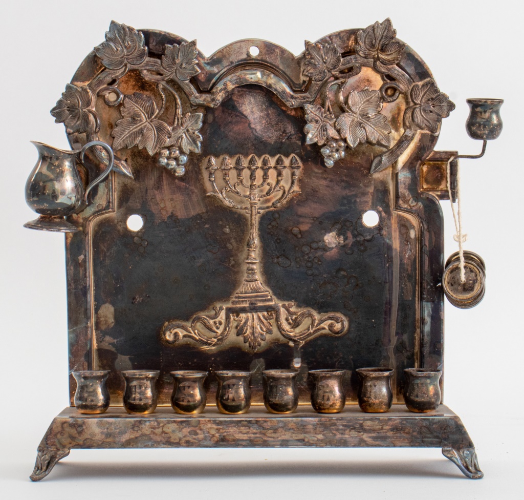 Appraisal: SILVERPLATE JUDAICA MENORAH Silverplate Judaica menorah with two detachable elements