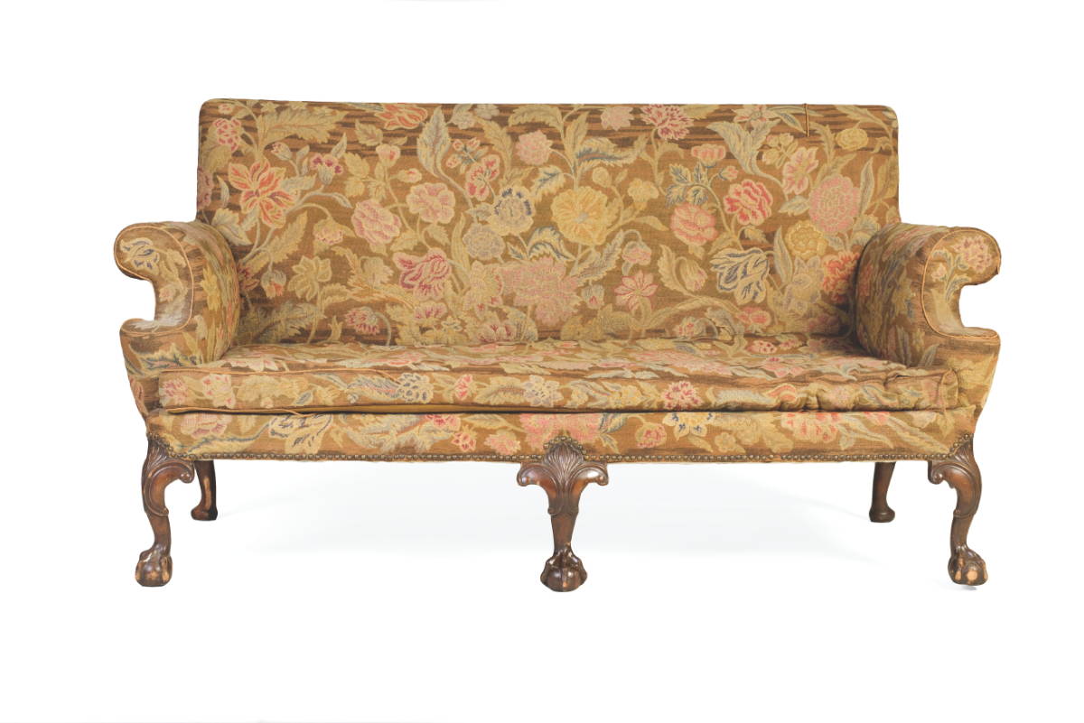 Appraisal: GEORGE III CARVED MAHOGANY NEEDLEPOINT-UPHOLSTERED SOFA The square back above