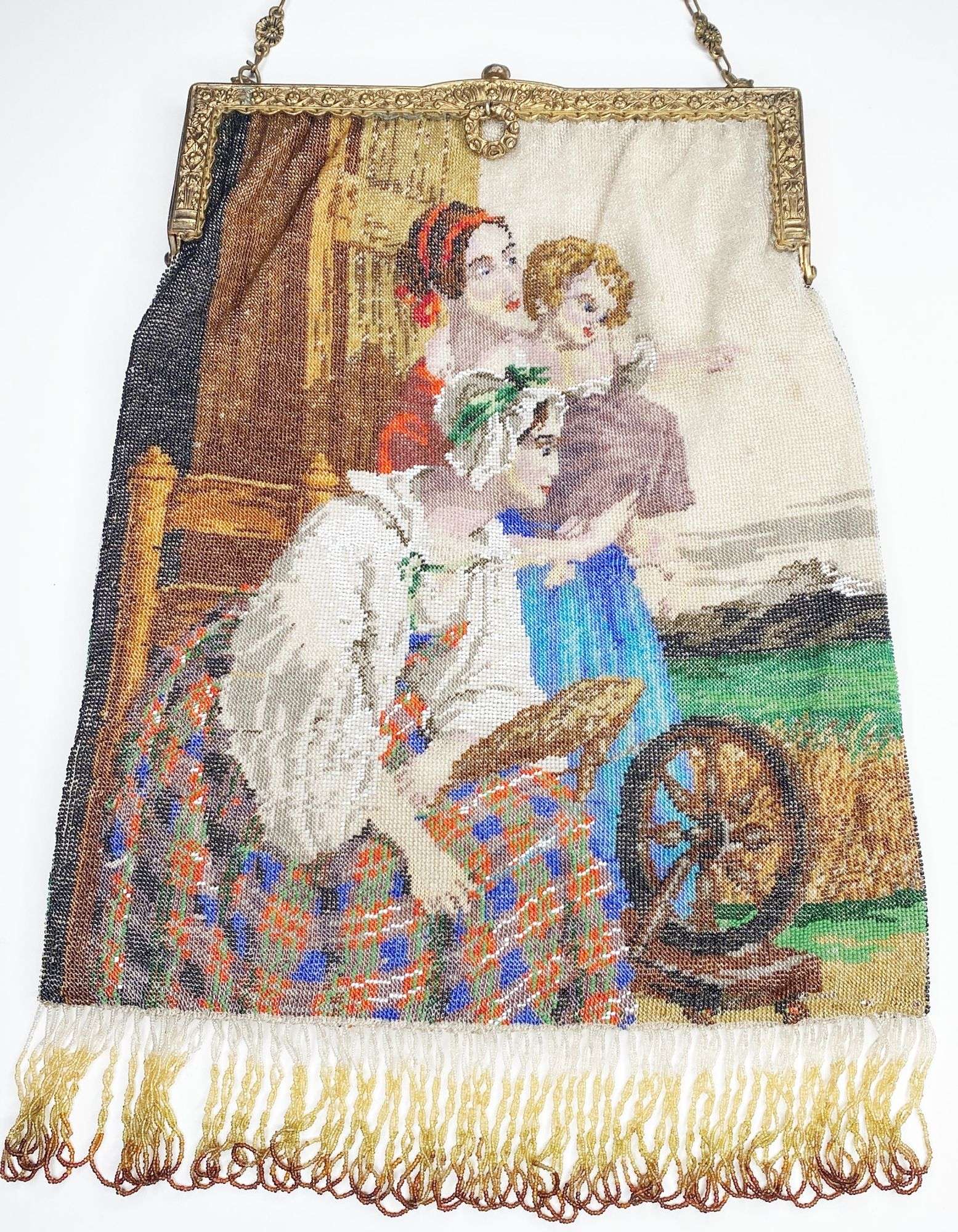 Appraisal: Large Micro Beaded Purse with Women Child and Spinning Wheel