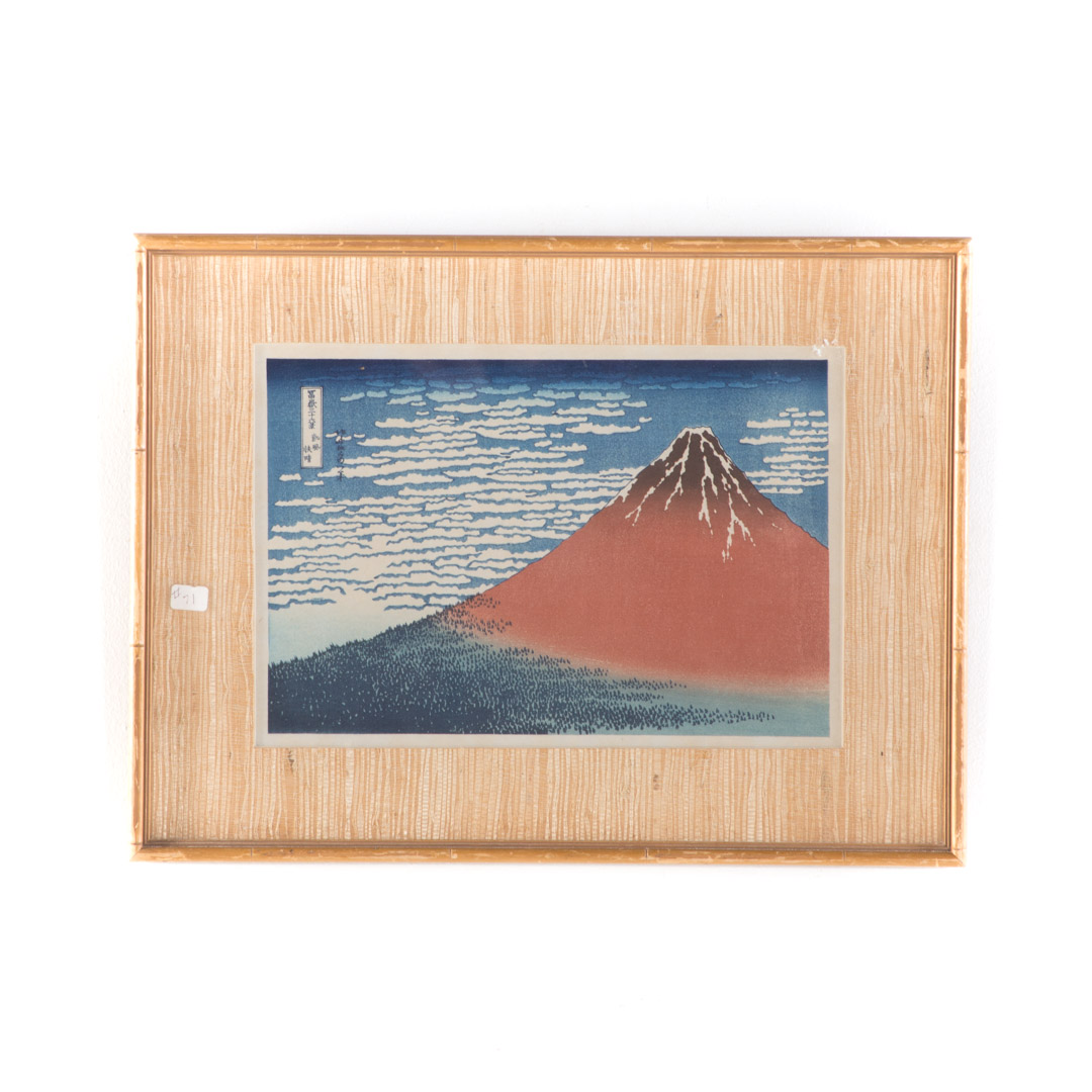 Appraisal: Hokusai Red Fuji color woodblock print Japanese - x in