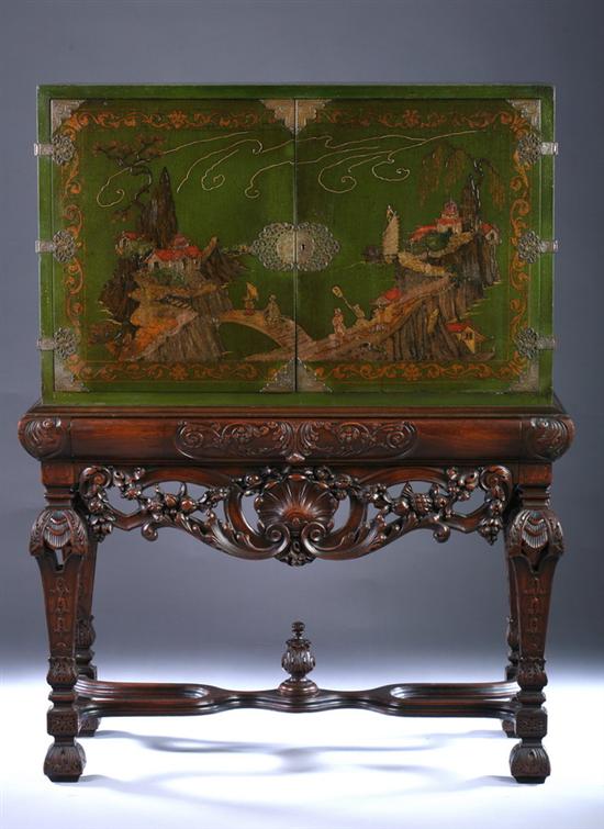 Appraisal: CHINOISERIE-DECORATED CABINET ON CARVED MAHOGANY STAND th century with brass