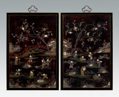 Appraisal: Two Chinese panels bone and stone inlay each depicting boys