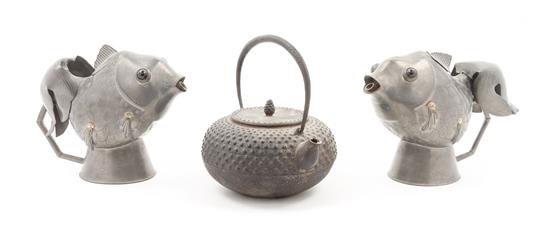 Appraisal: Sale Lot Two Pewter Fish Censers with a Japanese iron