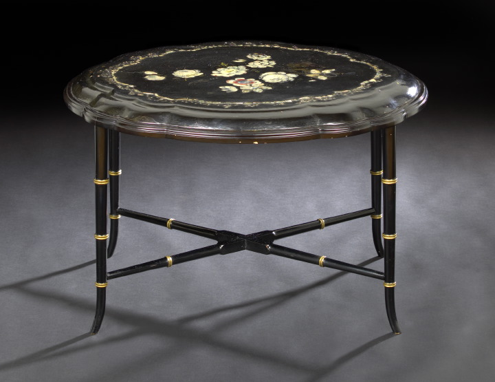 Appraisal: Victorian Black Lacquered Papier-Mache Tray-on-Stand third quarter th century the