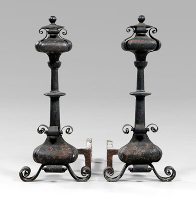 Appraisal: Pair hand-wrought iron andirons Arts and Crafts two floral shapes