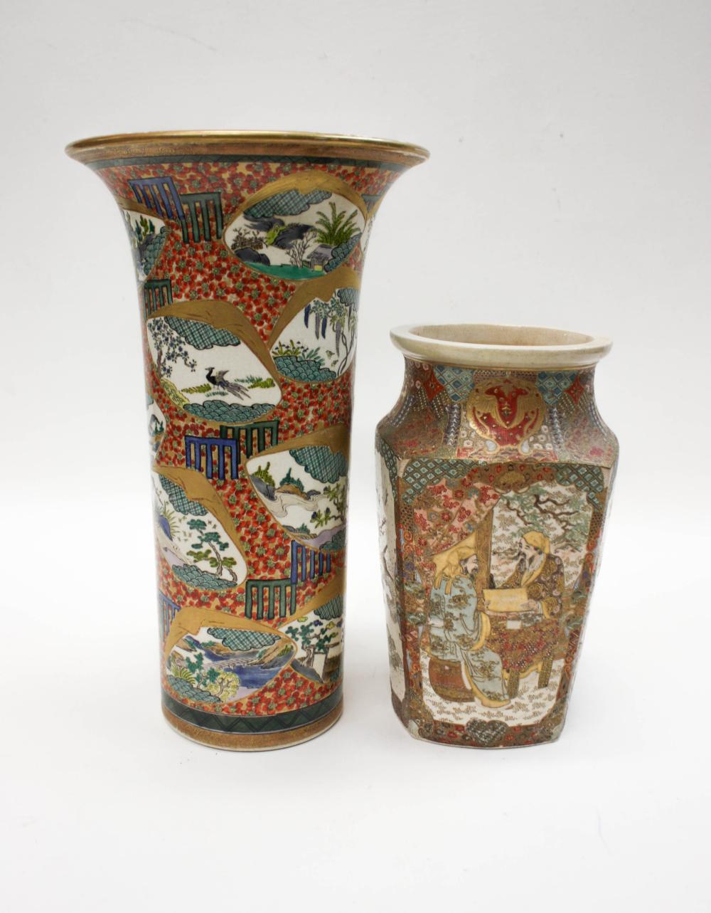 Appraisal: TWO JAPANESE SATSUMA POTTERY VASES the larger of circular form