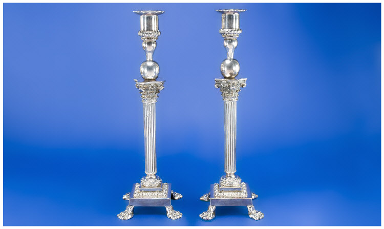 Appraisal: Silver Plated Candlesticks Pair Of Victorian Corinthian Column Candlesticks Square