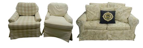 Appraisal: Three pieces upholstered furniture including loveseat and two similar over-stuffed