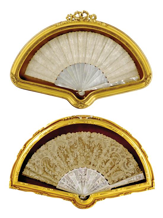 Appraisal: Framed lace and mother-of-pearl fans circa pierce-carved guards with sticks