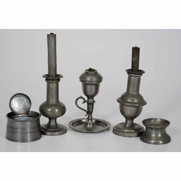 Appraisal: English Pewter Lamps and Accessories Probably English th century An