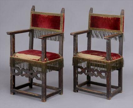 Appraisal: PAIR OF FLEMISH BAROQUE WALNUT ARMCHAIRS The velvet backs and