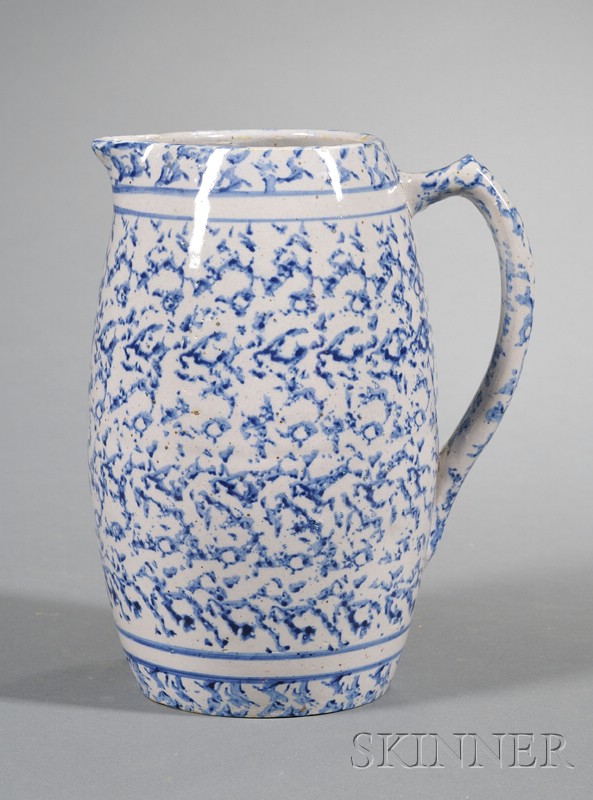 Appraisal: Blue Spongeware Pottery Pitcher America late th early th century