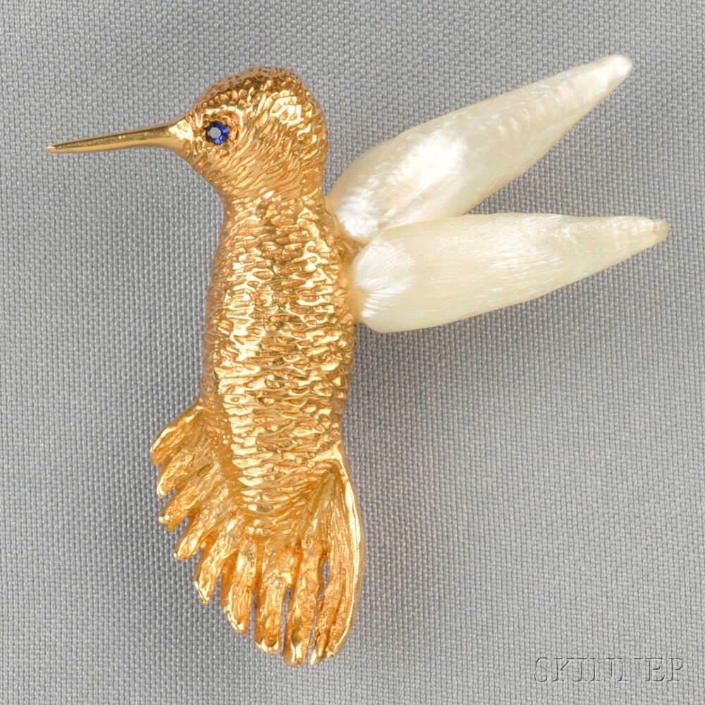 Appraisal: kt Gold Freshwater Pearl and Sapphire Hummingbird Brooch Ruser with