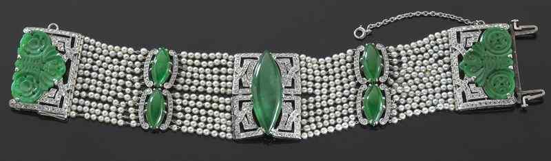 Appraisal: Deco plat jadeite diamond and pearl braceletdesigned as five hand