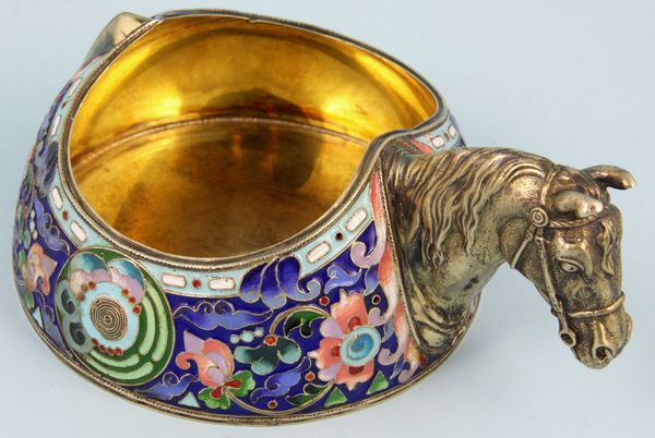 Appraisal: Art Nouveau Russian silver cloisonne kovsh having a horse head