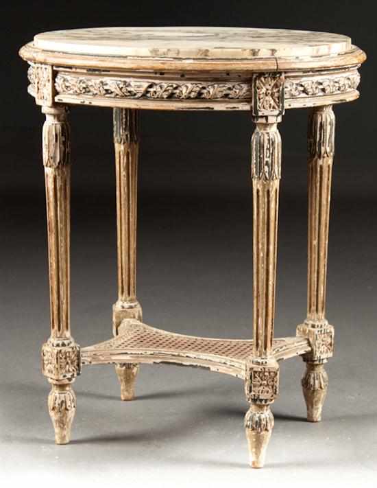 Appraisal: Louis XVI style carved and painted wood inset marble-top gueridon