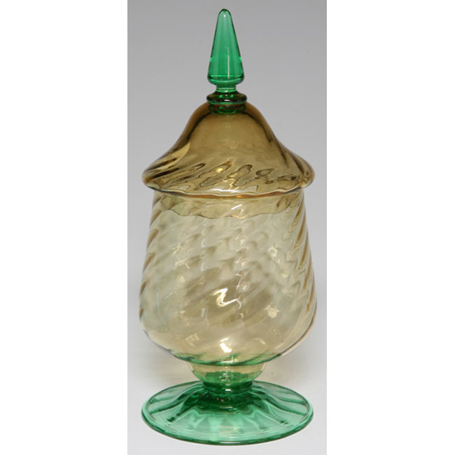 Appraisal: Steuben covered vessel topaz ribbed glass with a green foot