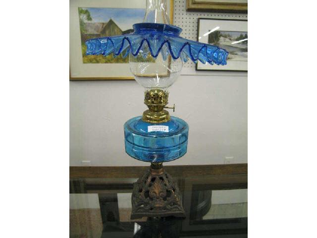 Appraisal: Victorian Blue Glass Oil Lamp with blue glaze reflector shade