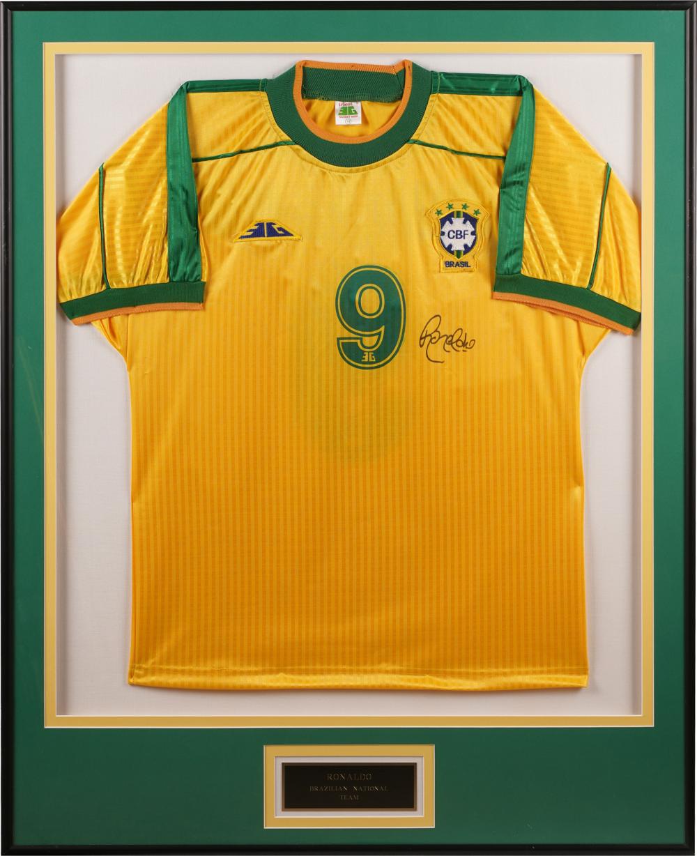 Appraisal: RONALDO SIGNED BRAZIL NATIONAL SOCCER TEAM JERSEYframed under acrylic x