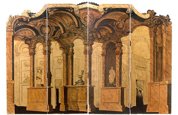 Appraisal: A large four panel paint decorated screen depicting a classical