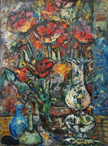 Appraisal: Byron Randall American - Untitled Flowers and bottles signed and