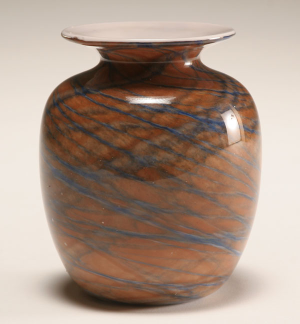 Appraisal: Nourot brown cased studio glass vase with blue trailings Signed