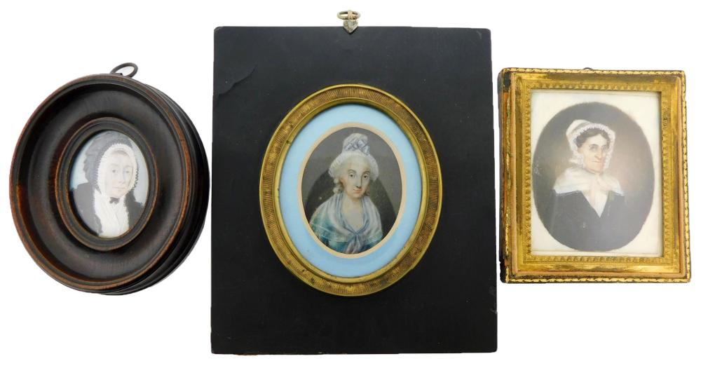 Appraisal: MINIATURE Three framed miniatures all of women wearing elaborate caps