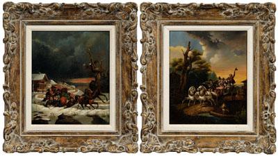 Appraisal: Pair German School paintings summer scene with figures riding in