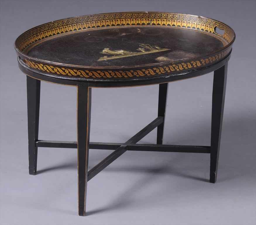 Appraisal: GEORGE III BLACK-GROUND PAPIER-M CH TRAY ON LATER STAND The