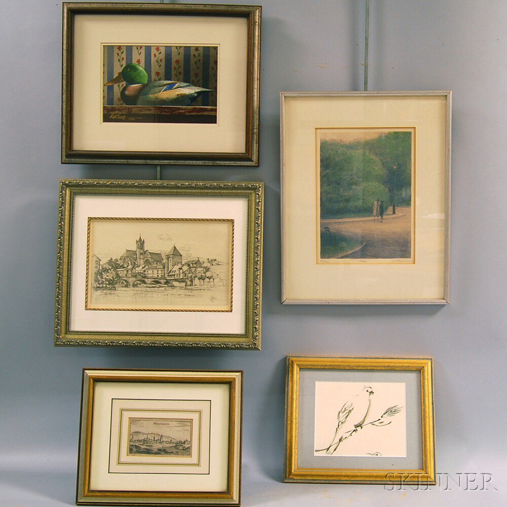 Appraisal: Five Framed Works a watercolor still life with decoy signed